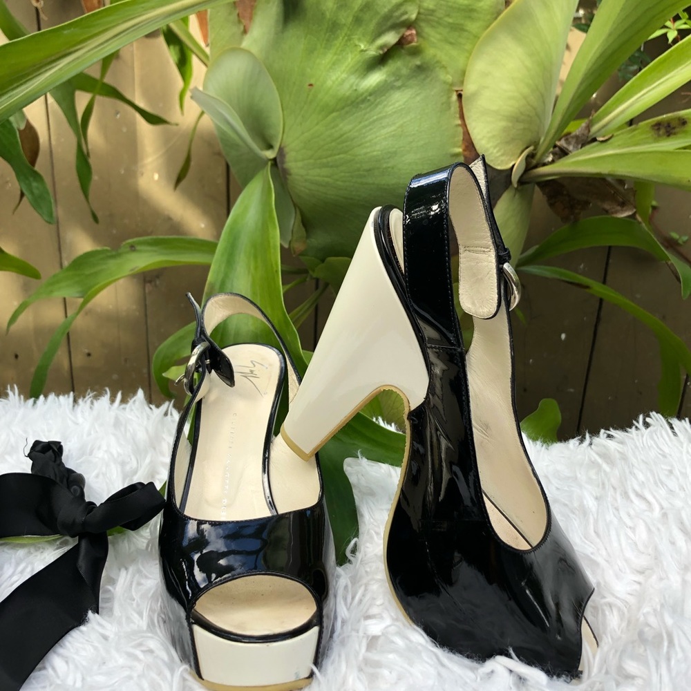 giuseppe zanotti leather white/ black shoe sling back platform sandal sz…
